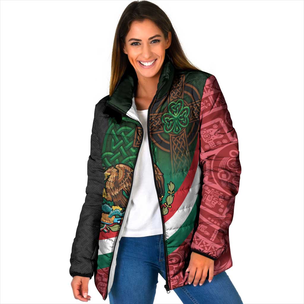 Mexico and Ireland Together Padded Jacket Aztec Sun Mix Celtic Shamrock - Wonder Print Shop