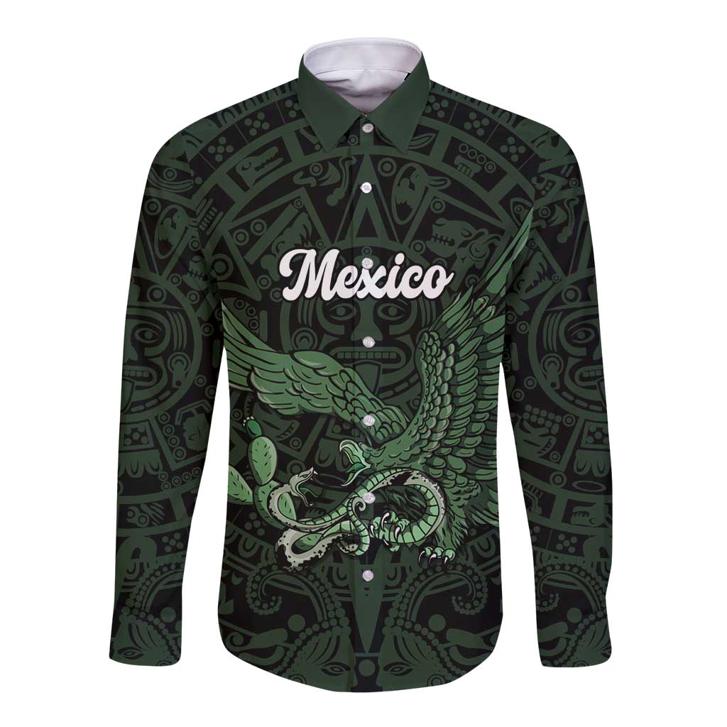 Green Mexico Aztec Custom Long Sleeve Button Shirt Special Edition Heritage - Wonder Print Shop