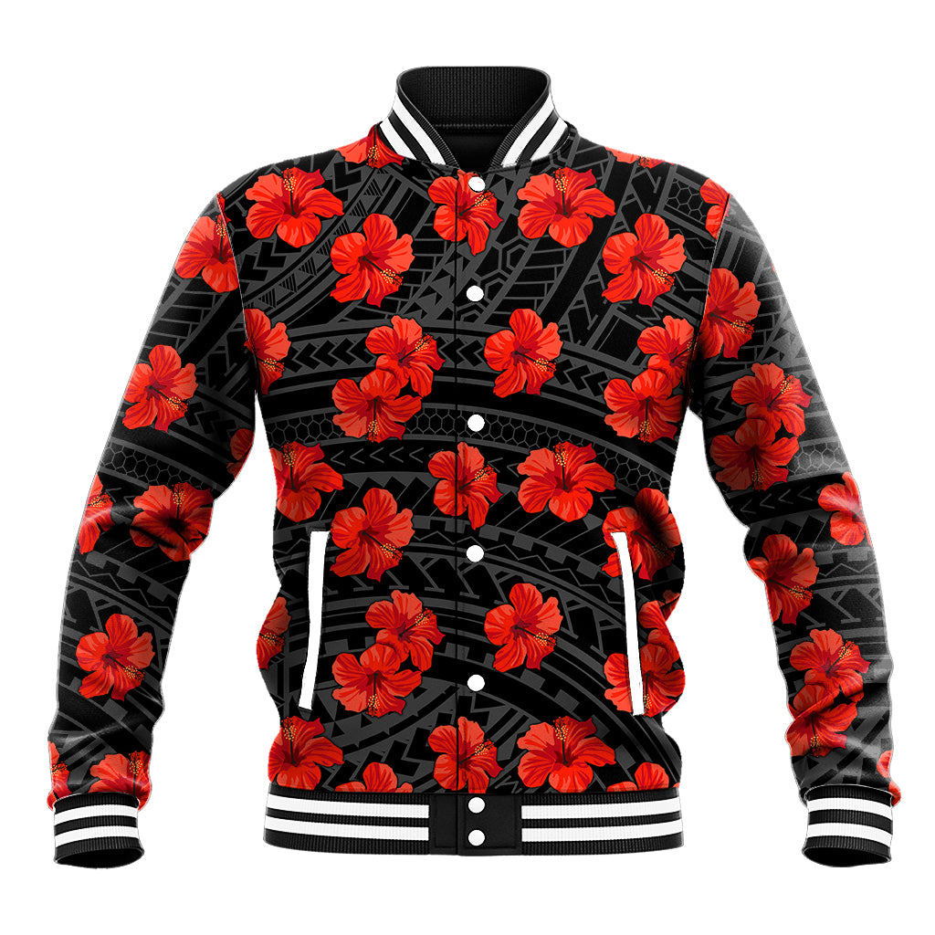 Black baseball jacket with red hibiscus print, button front, striped collar cuffs