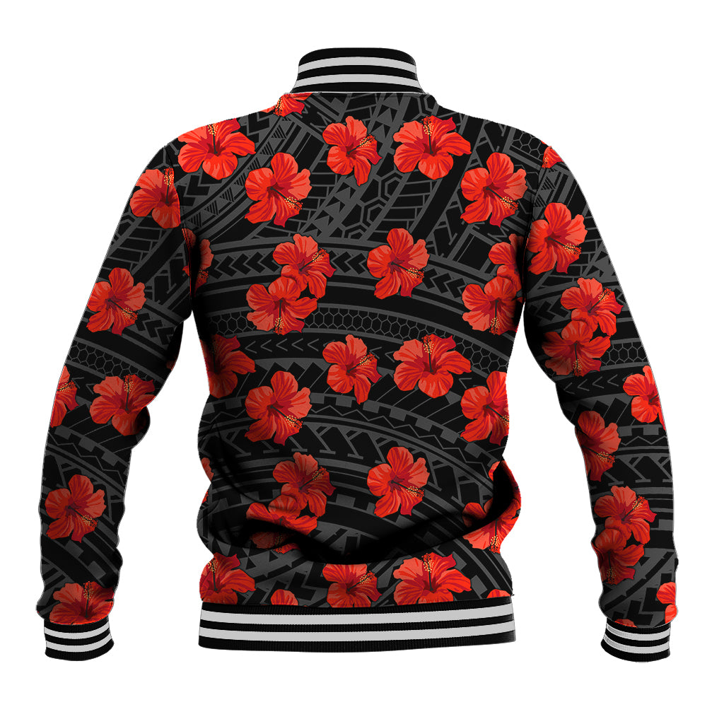 Black baseball jacket with red hibiscus print, crew neckline, striped hem and cuffs