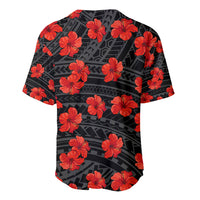Baseball jersey in black with red hibiscus print and geometric bands, button placket