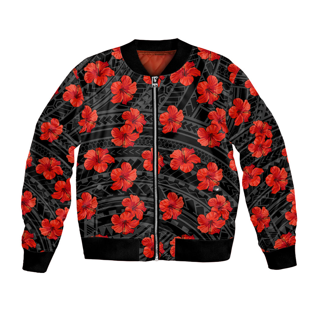 Unisex black bomber jacket with red hibiscus flowers and tribal geometric pattern, front zip