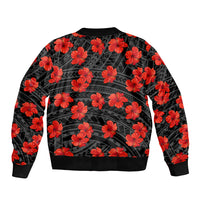 Unisex black bomber jacket with red hibiscus flowers and tribal geometric pattern, ribbed hem
