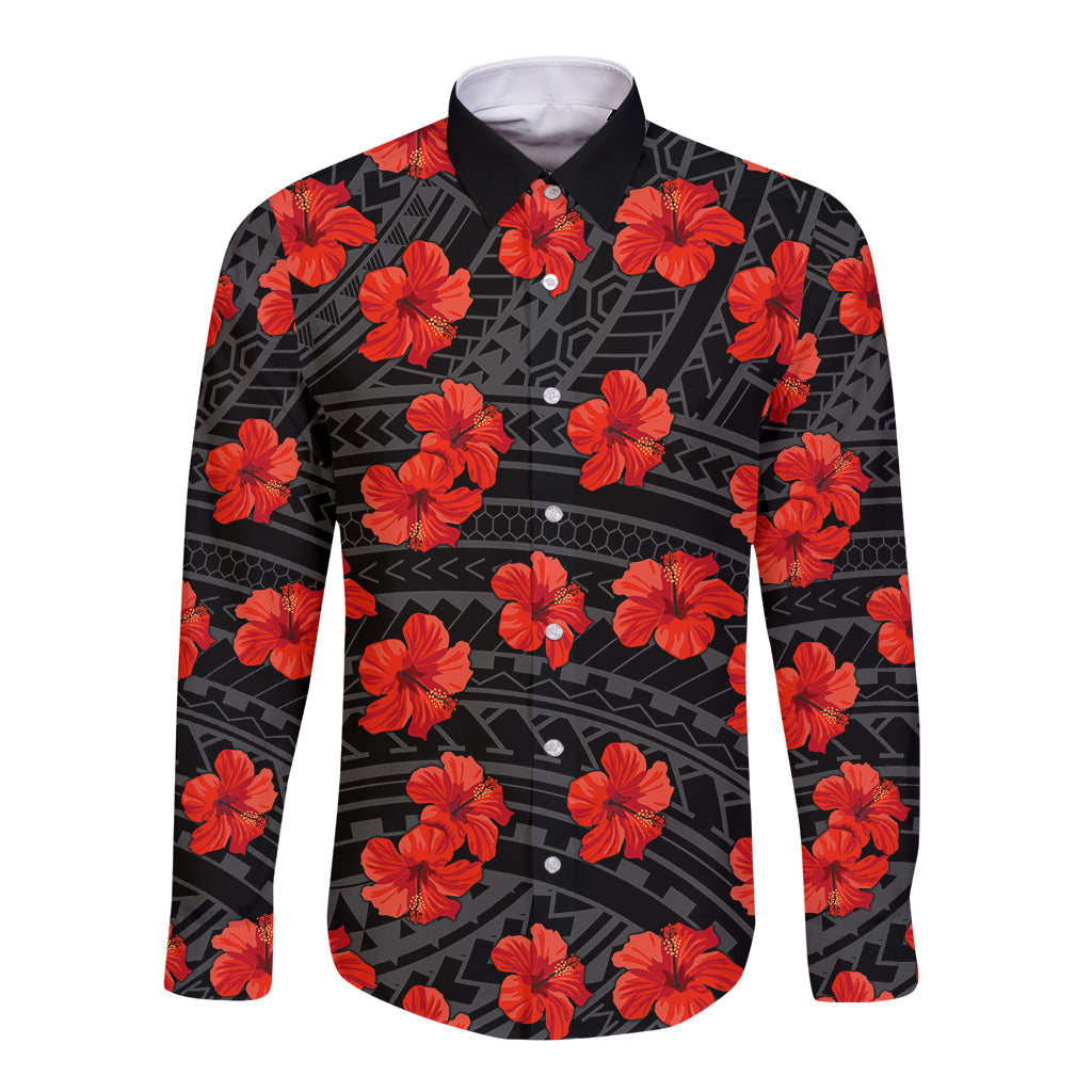 Black long-sleeve button shirt with red hibiscus floral pattern