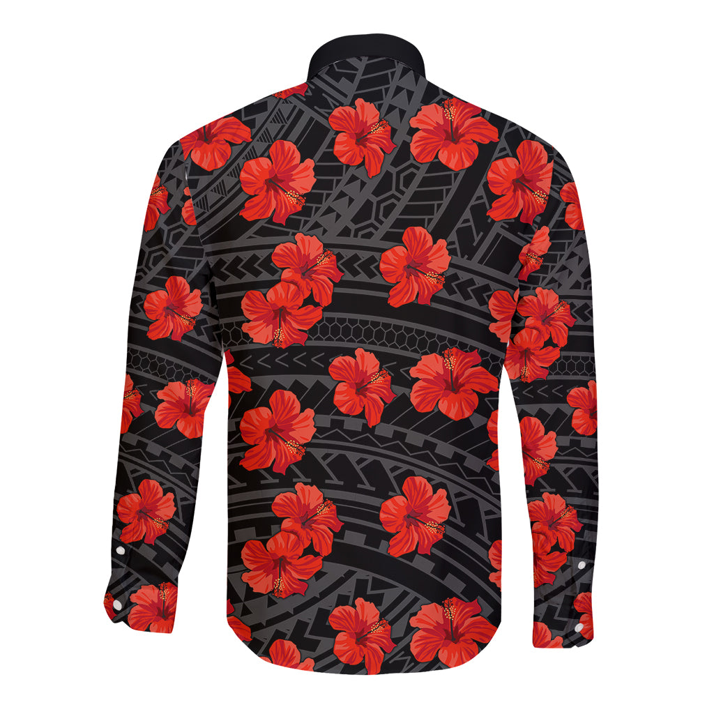 Black long-sleeve button shirt, back, red hibiscus floral pattern