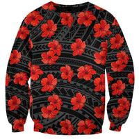 Unisex black sweatshirt with red hibiscus flowers and gray Polynesian pattern