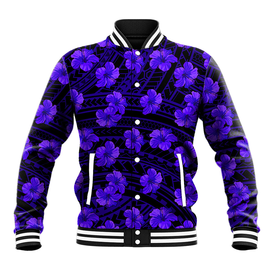 Dark baseball jacket with purple hibiscus print, striped collar and snap front