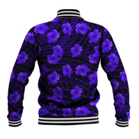 Dark baseball jacket with purple hibiscus and geometric pattern, striped ribbed hem
