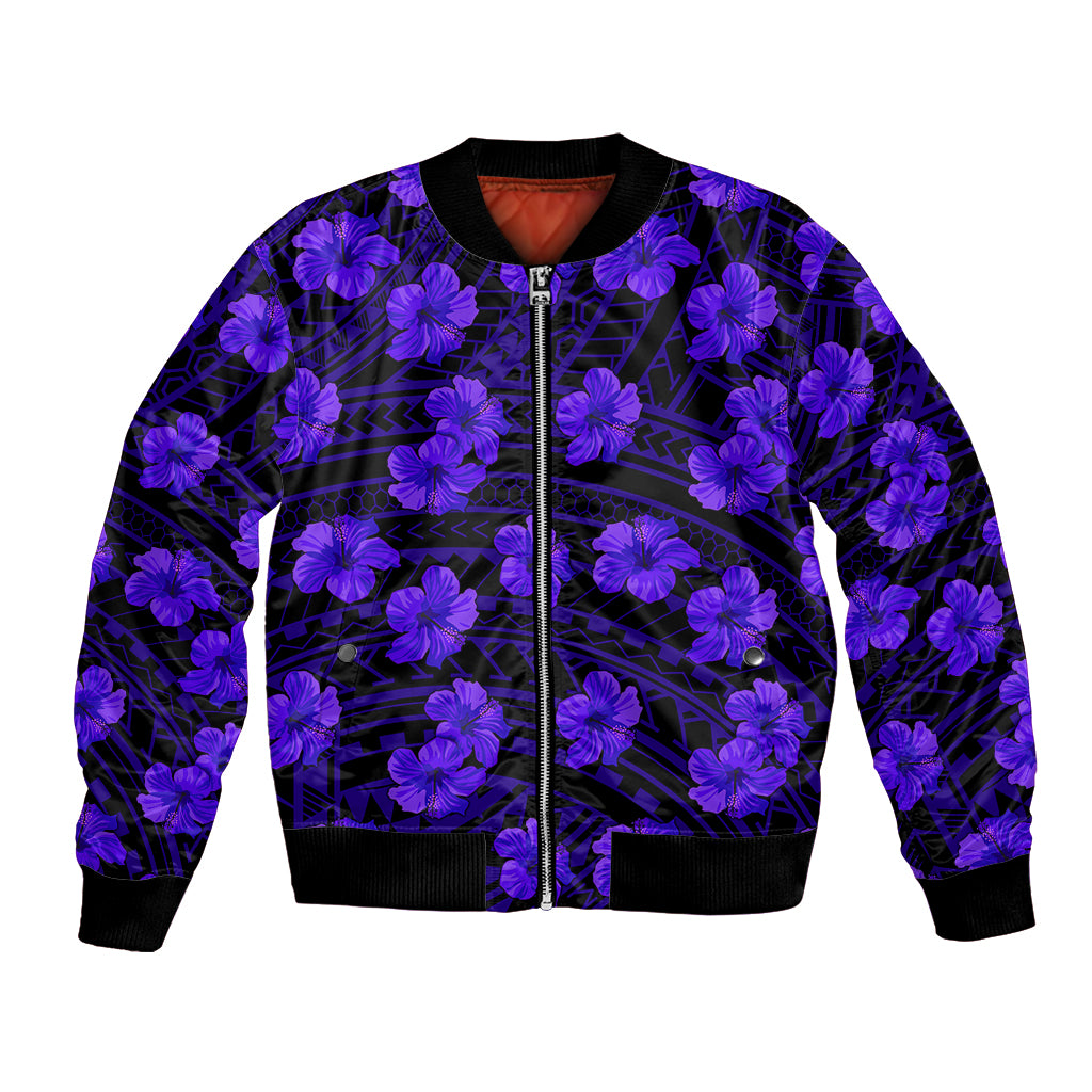 Unisex bomber jacket, purple hibiscus & geometric zip-front print