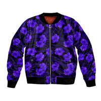Unisex bomber jacket, purple hibiscus & geometric zip-front print