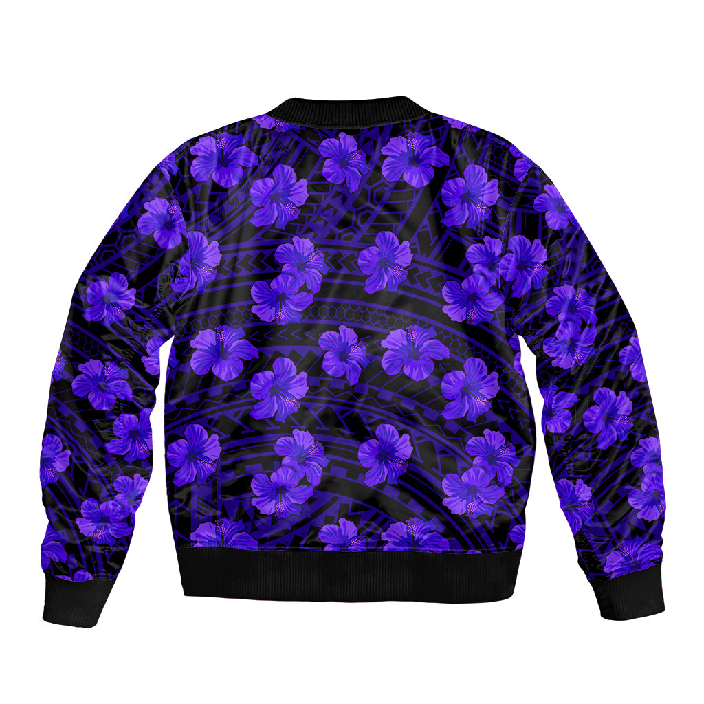 Unisex bomber jacket, purple hibiscus and geometric print on back