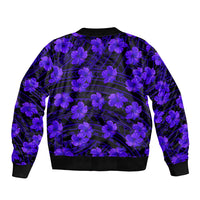 Unisex bomber jacket, purple hibiscus and geometric print on back