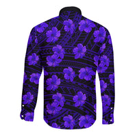 Long-sleeve button-up shirt back with black and dark-purple hibiscus floral print