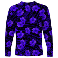 Long-sleeve crewneck tropical shirt, dark blue with purple hibiscus and geometric motifs.