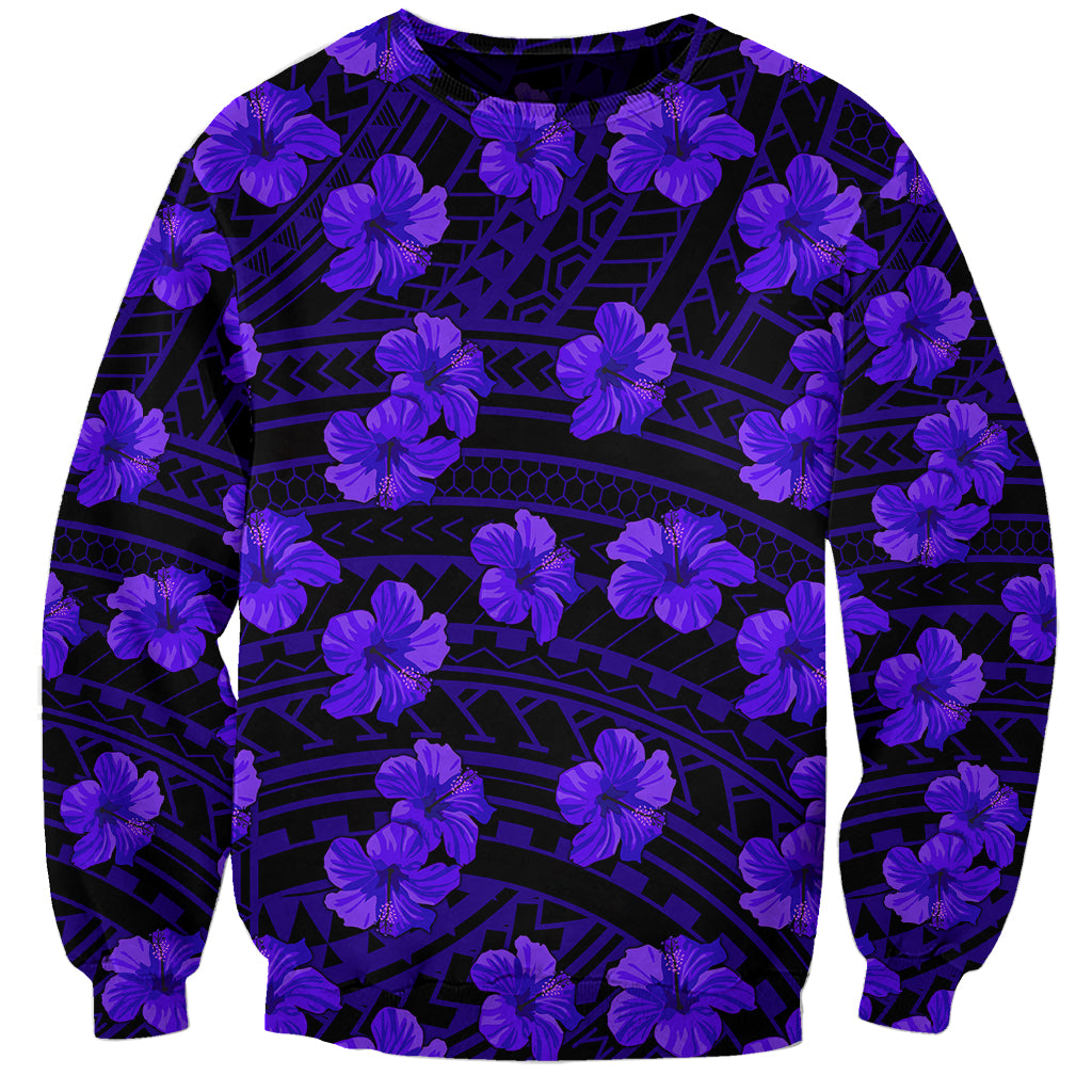 Unisex crewneck sweatshirt with all-over purple hibiscus and dark geometric pattern