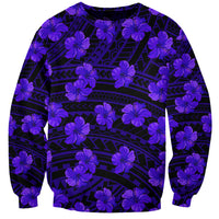 Unisex crewneck sweatshirt with all-over purple hibiscus and dark geometric pattern