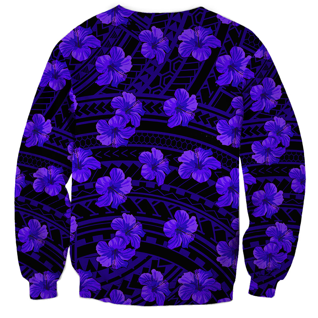 Unisex crewneck sweatshirt, full print of purple hibiscus on dark geometric design