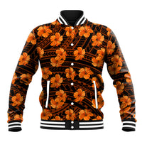 Unisex baseball jacket with dark base and orange hibiscus floral print, striped cuffs