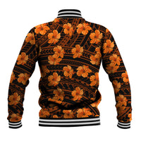 Unisex baseball jacket back with orange hibiscus floral print and tribal stripe band