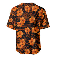 Baseball jersey with orange hibiscus floral print on dark geometric lines, button front