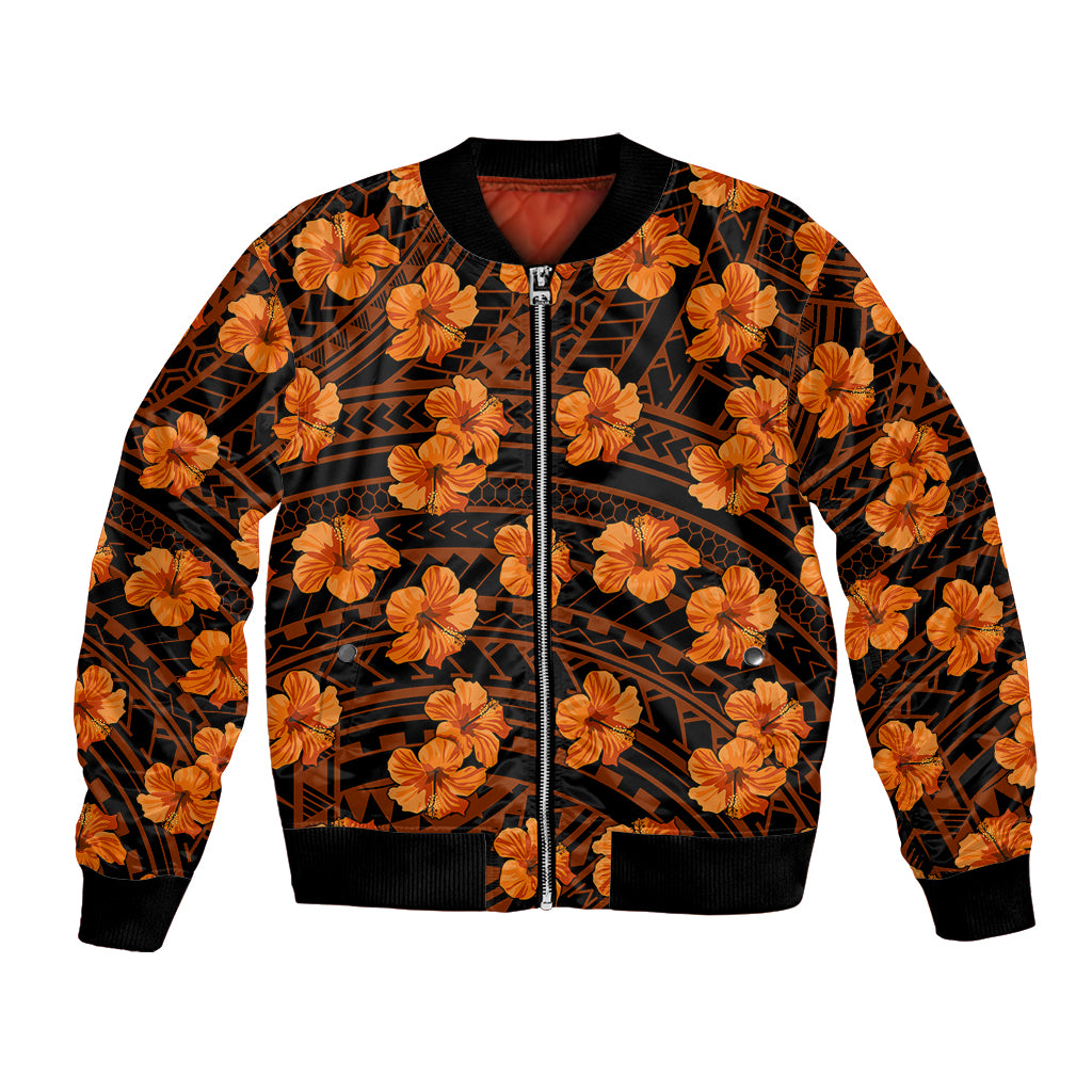 Unisex hibiscus print bomber jacket, black with orange floral pattern and front zipper