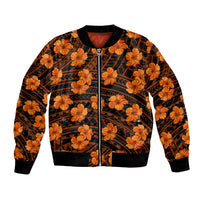 Unisex hibiscus print bomber jacket, black with orange floral pattern and front zipper