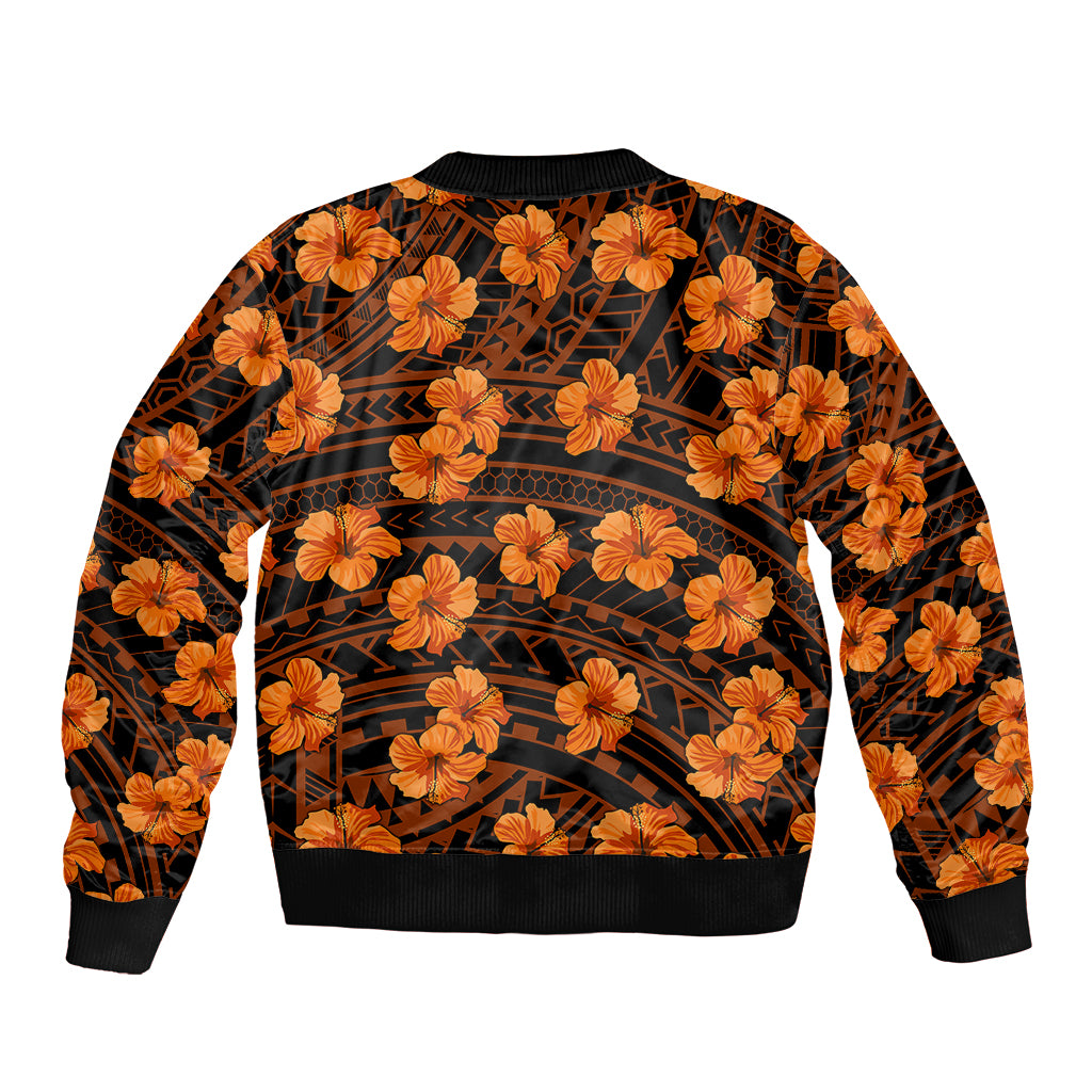 Unisex hibiscus print bomber jacket, black with orange floral and geometric back graphic