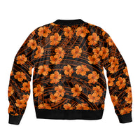 Unisex hibiscus print bomber jacket, black with orange floral and geometric back graphic