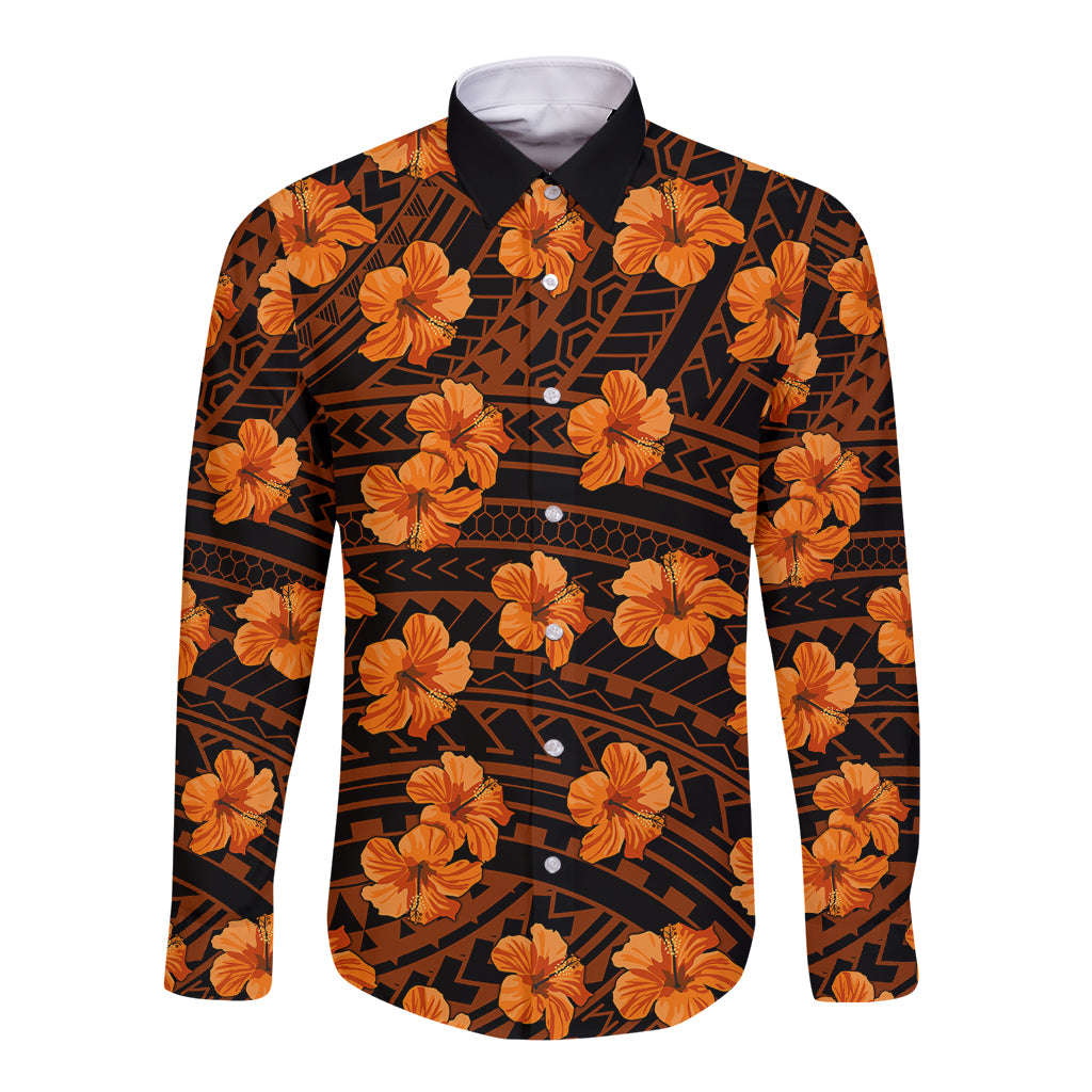 Hibiscus long sleeve button shirt with dark collar, orange hibiscus and geometric print