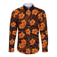 Hibiscus long sleeve button shirt with dark collar, orange hibiscus and geometric print