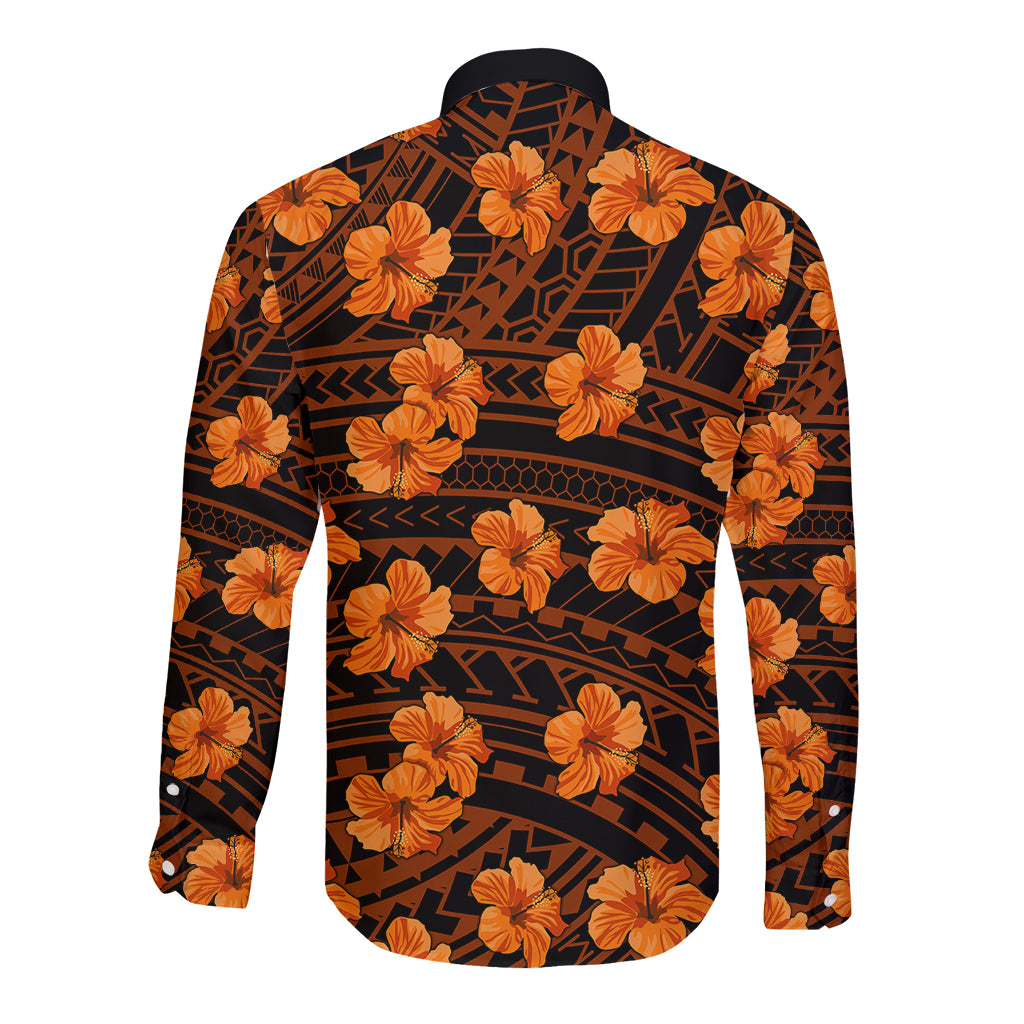 Hibiscus long sleeve button shirt back view, dark collar, orange hibiscus geometric print
