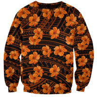 Unisex crewneck sweatshirt with orange hibiscus flowers and dark tribal pattern