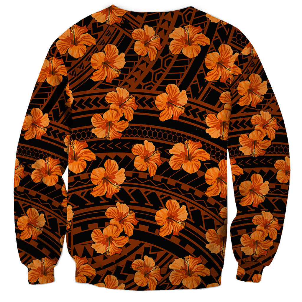 Unisex crewneck sweatshirt with orange hibiscus blooms and geometric tribal bands