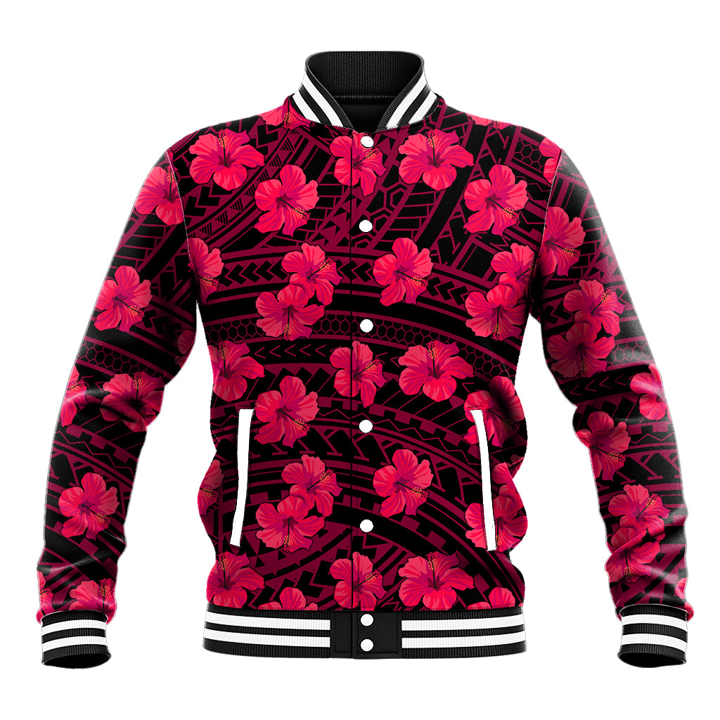 Pink hibiscus baseball jacket with black geometric pattern, ribbed striped collar and cuffs, snaps