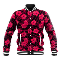 Pink hibiscus baseball jacket with black geometric pattern, ribbed striped collar and cuffs, snaps
