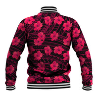 Pink hibiscus baseball jacket back with black geometric pattern, ribbed striped hem and cuffs