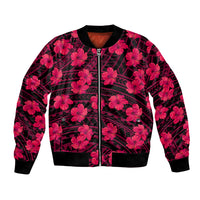 Unisex pink bomber jacket with hibiscus flowers, geometric pattern, front zipper