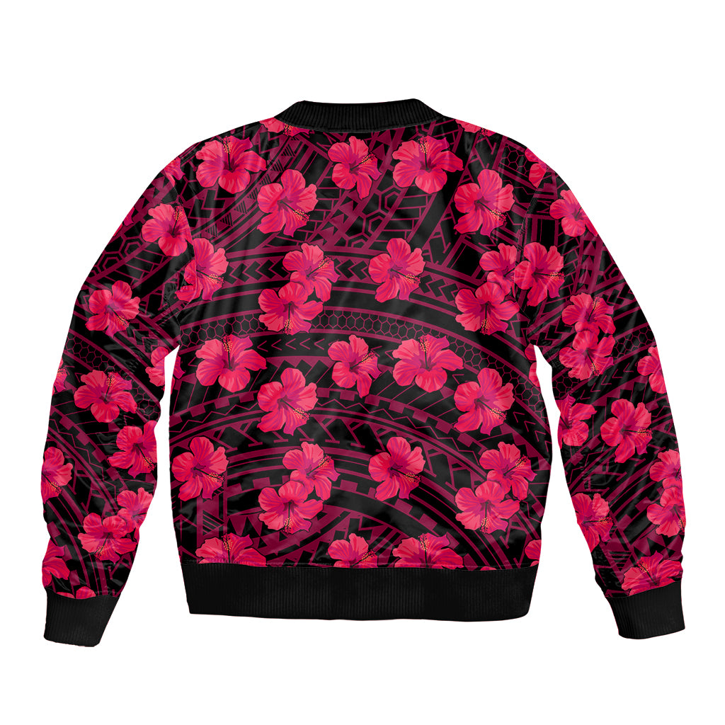 Unisex pink bomber jacket with hibiscus flowers, geometric print, ribbed hem and cuffs