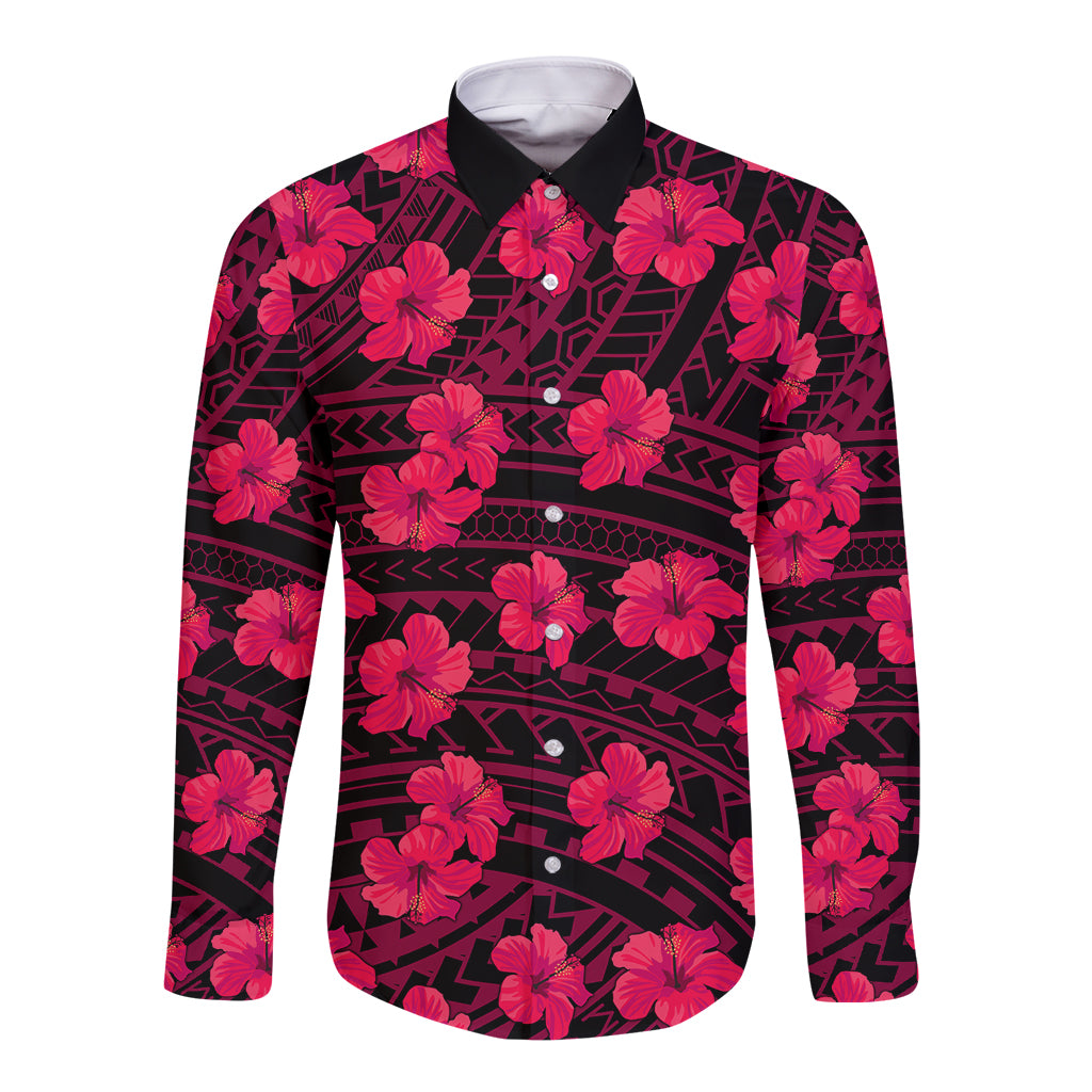 Unisex long-sleeve button shirt in pink with hibiscus flowers and black geometric pattern