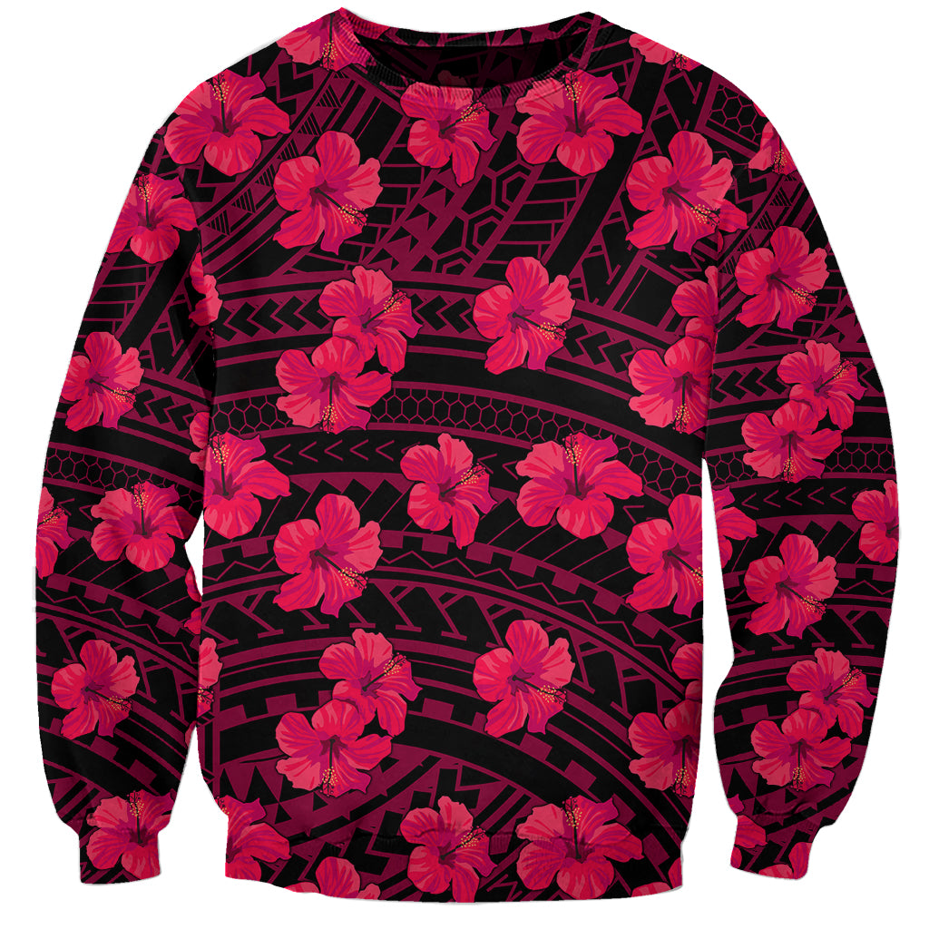 Hibiscus sweatshirt, dark base with pink floral pattern and long sleeves