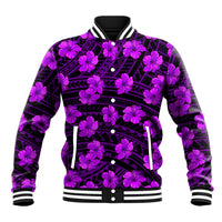 Purple baseball jacket with black geometric pattern and hibiscus flower print, button front