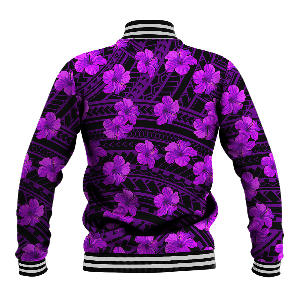 Purple baseball jacket back with black geometric pattern and hibiscus flower print, striped hem