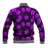 Purple baseball jacket back with black geometric pattern and hibiscus flower print, striped hem