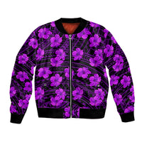 Purple unisex bomber jacket with hibiscus floral print, full-front zipper