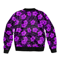 Purple unisex bomber jacket with hibiscus floral print, ribbed hem and cuffs