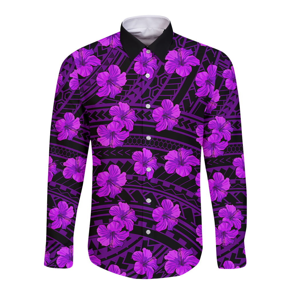 Long-sleeve button-up shirt with purple hibiscus flowers on dark geometric print.