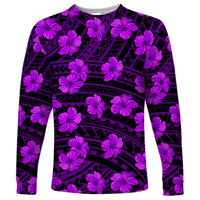 Purple long-sleeve crewneck shirt with black tribal print and purple hibiscus flowers
