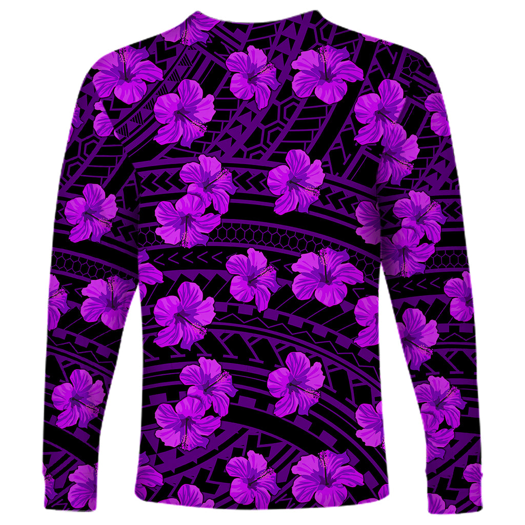 All-over purple hibiscus and geometric tribal print long-sleeve shirt with crew neck
