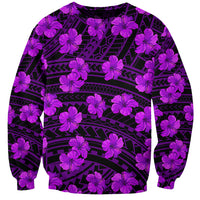 Unisex purple sweatshirt with black geometric pattern and hibiscus flowers