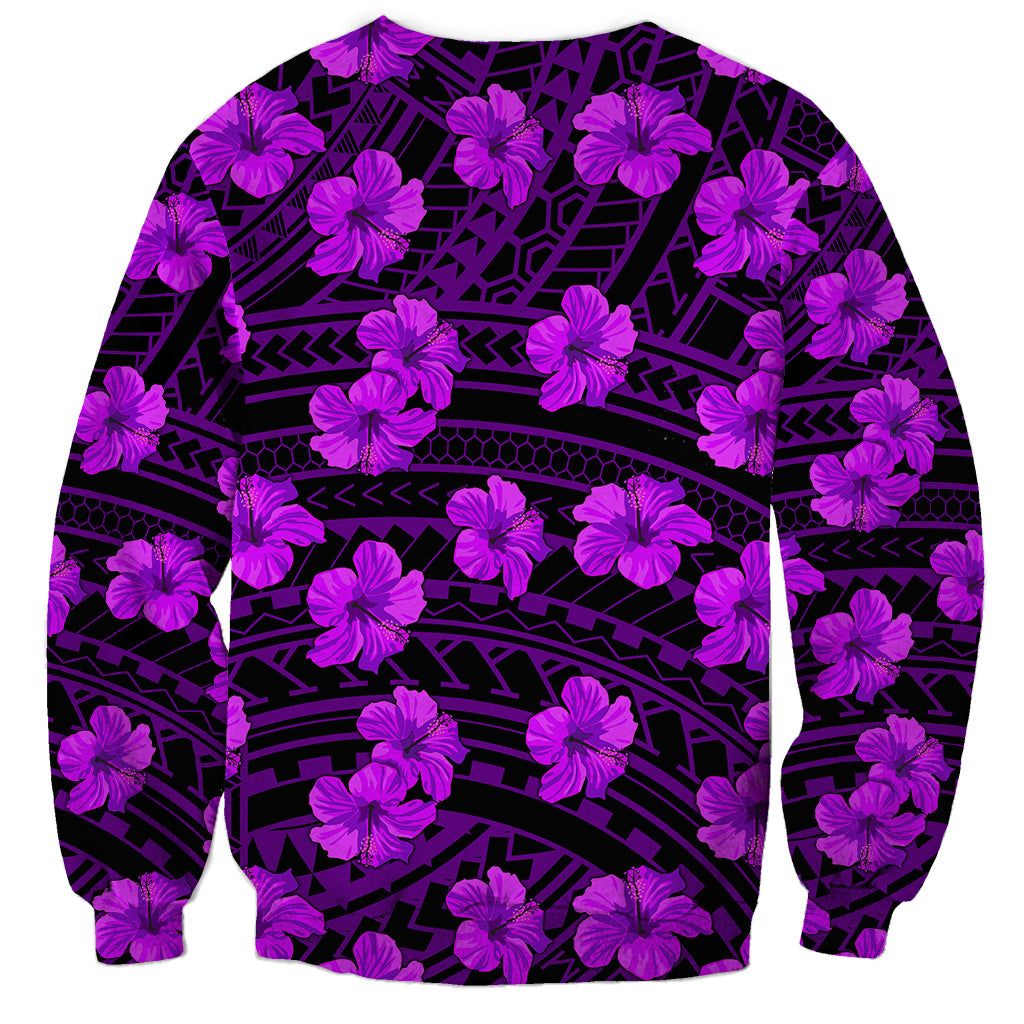 Unisex purple sweatshirt, full front view, black tribal lines with hibiscus print
